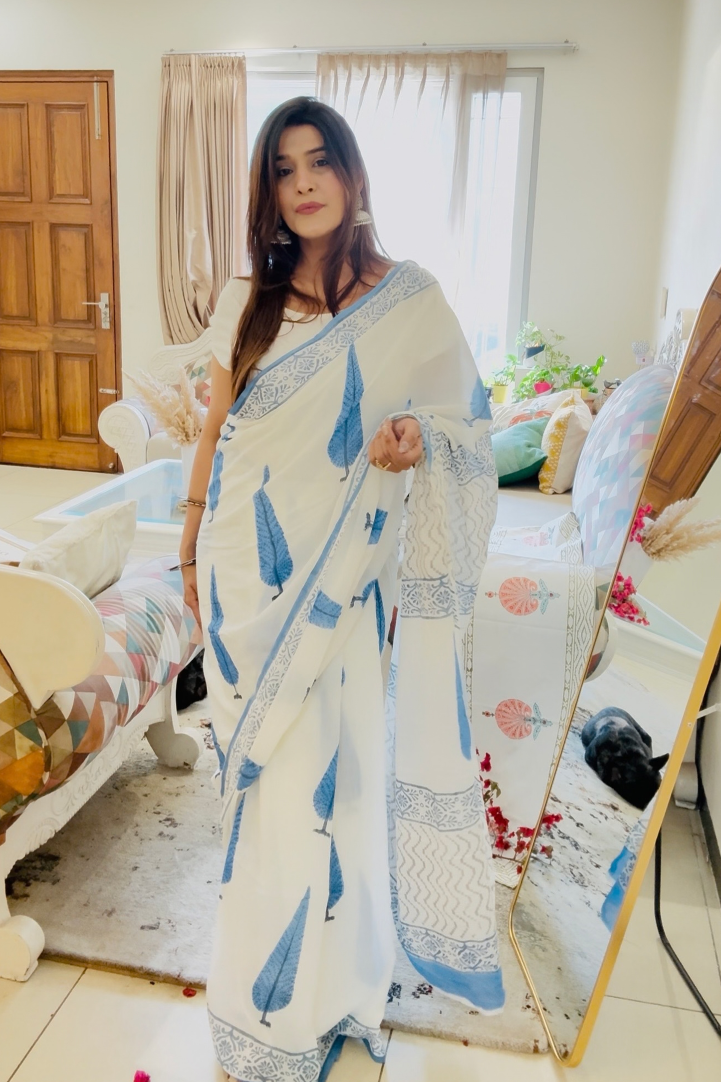 Neel pankhuri hand block pure cotton mulmul sari - House Of Kaura