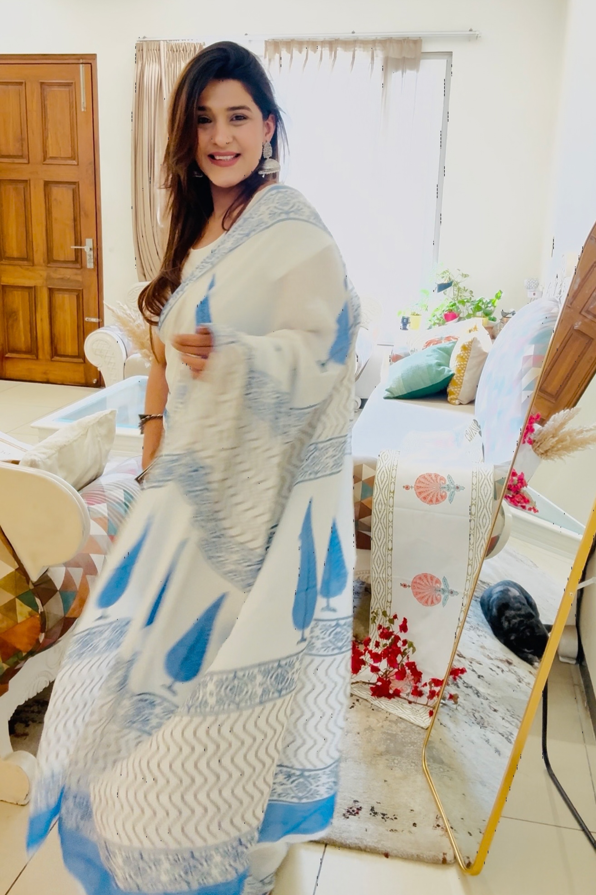 Neel pankhuri hand block pure cotton mulmul sari - House Of Kaura