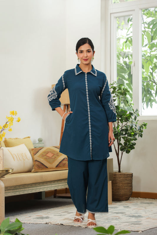 Teal Blue Doriya Co-ord Set – Contemporary Ethnic Wear for Women