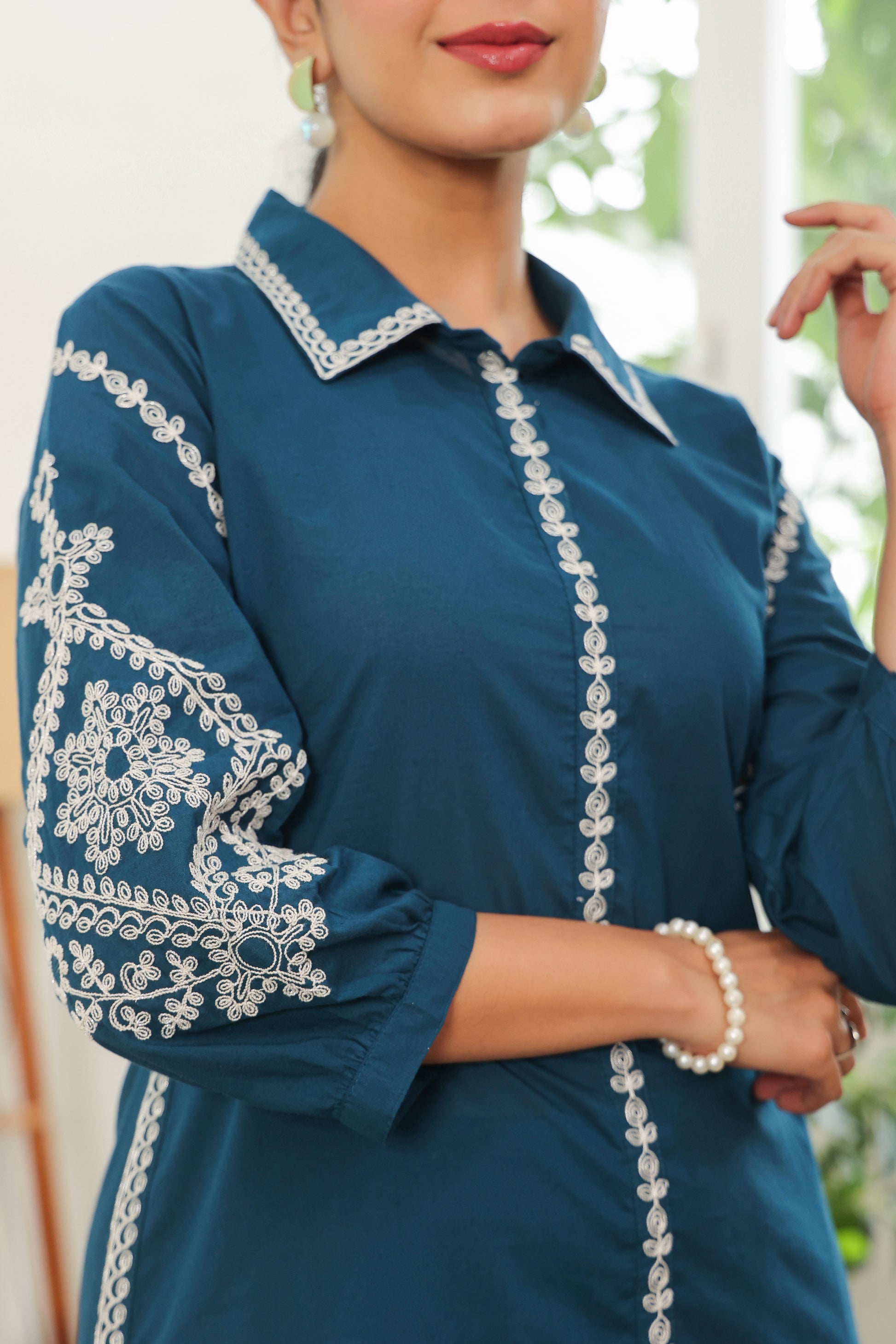 Teal Blue Doriya Co-ord Set – Contemporary Ethnic Wear for Women – House Of Kaura