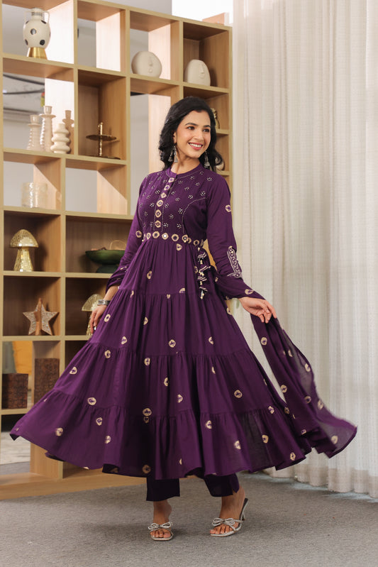 Purple Bandhej Anarkali Malmal Cotton Suit Set with Mirror Embellishment