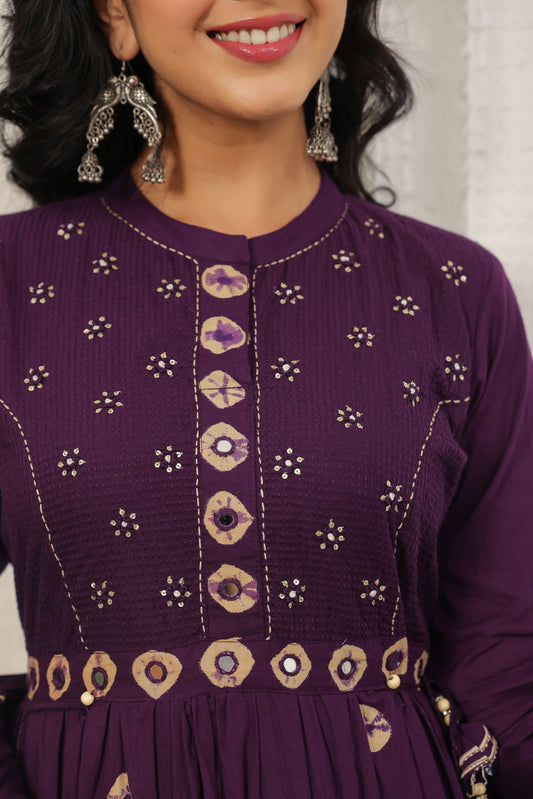 Purple Bandhej Anarkali Malmal Cotton Suit Set with Mirror Embellishment
