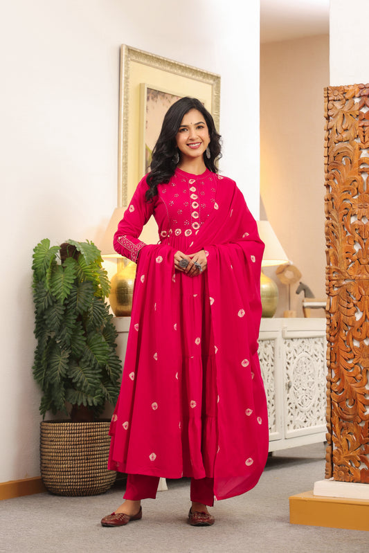 Rani Pink Bandhej Cotton Anarkali Malmal 3pc Suit Set with Mirror Work & Tassels
