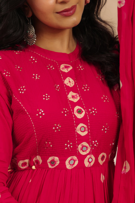 Rani Pink Bandhej Cotton Anarkali Malmal 3pc Suit Set with Mirror Work & Tassels