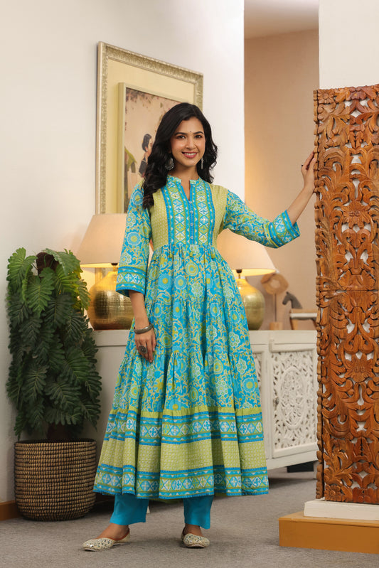 Blue-Green Cotton Anarkali | Floral Printed Pure Cotton Dress for Women
