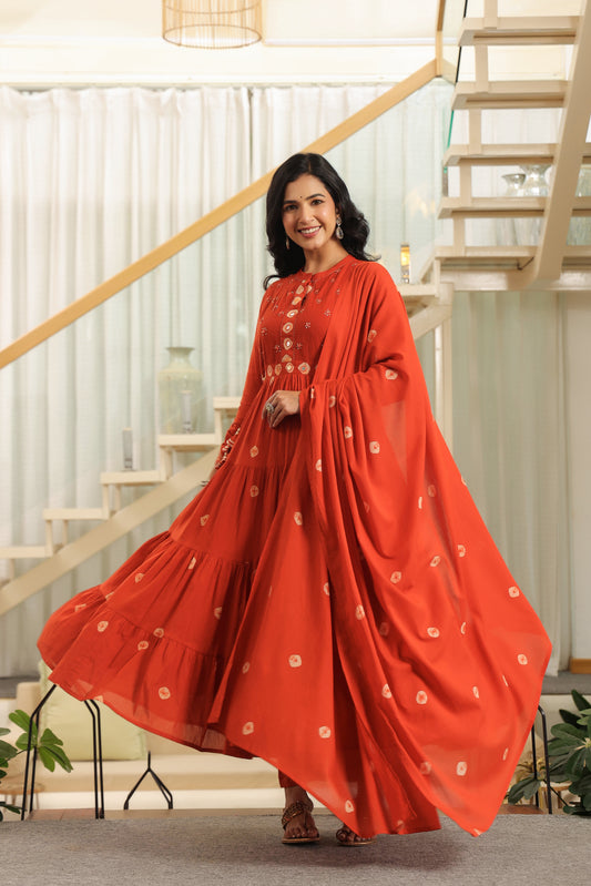 Rust Bandhej Cotton Anarkali Malmal Kurta Set with Mirror Detailing & Tassels
