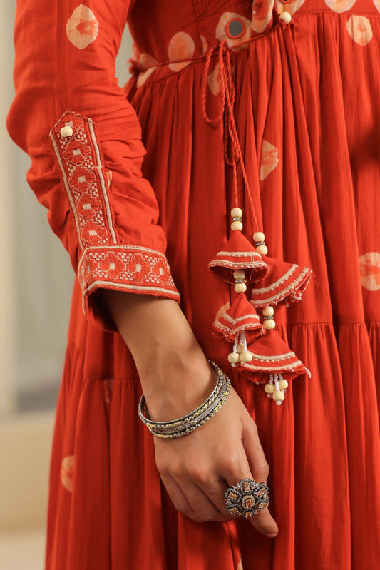 Rust Bandhej Cotton Anarkali Malmal Kurta Set with Mirror Detailing & Tassels