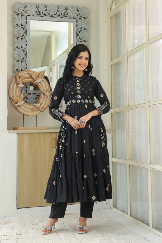 Black Bandhej Cotton Anarkali Malmal Suit Set with Mirror Embellished Neckline