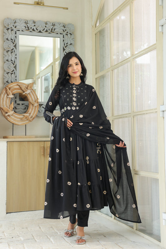 Black Bandhej Cotton Anarkali Malmal Suit Set with Mirror Embellished Neckline