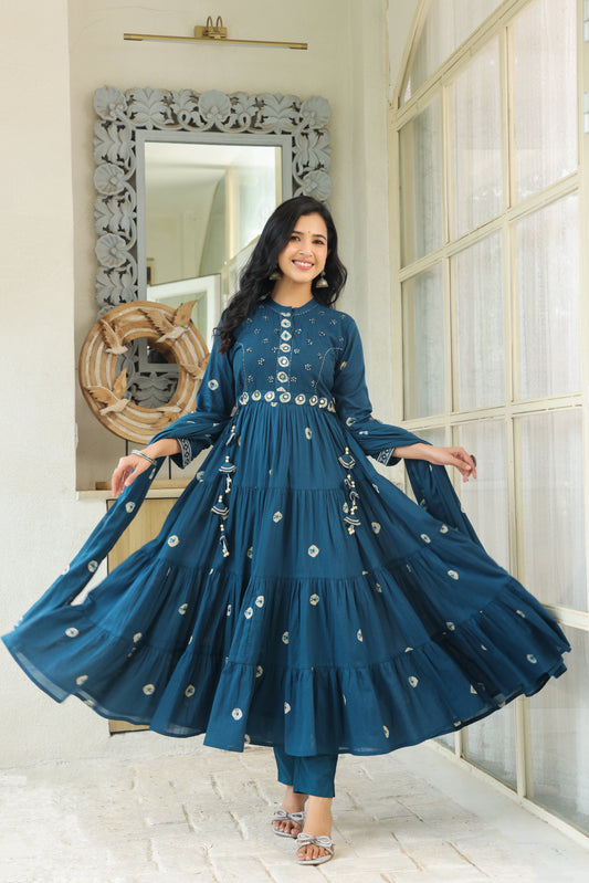 Teal Bandhej Cotton Anarkali Malmal 3-Piece Suit with Mirror Work and Tassels