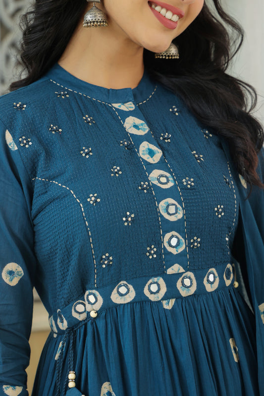 Teal Bandhej Cotton Anarkali Malmal 3-Piece Suit with Mirror Work and Tassels
