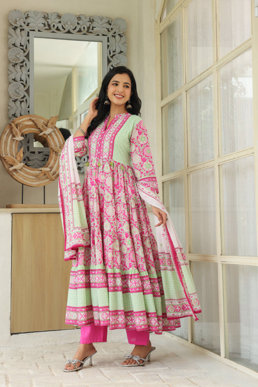 Pink Cotton Anarkali | Flowery Printed Pure Cotton Anarkali Dress for Women